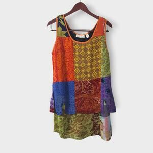 Sacred Threads Layered Patchwork Sleeveless Tunic Top Rayon Multicolor Sz M Boho
